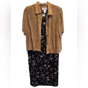 Jessica Howard Vintage Black Multi Sleeveless Dress Lightweight Jacket Sz 16